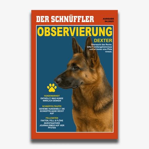 Personalisiertes DER-SCHNÜFFLER-Hundeposter: Schäferhund „Dexter“ auf dem Detektiv-Cover, ungerahmt