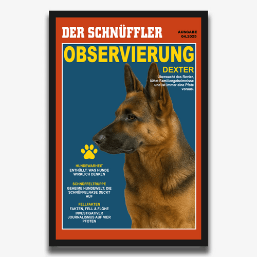 Personalisiertes DER-SCHNÜFFLER-Hundeposter: Schäferhund „Dexter“ auf dem Detektiv-Cover, im schwarzen Rahmen