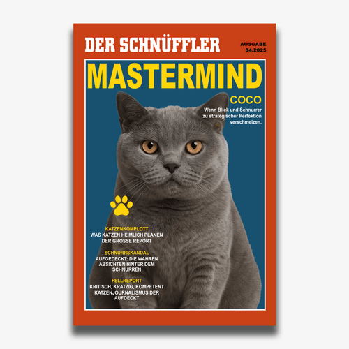 Personalisiertes DER-SCHNÜFFLER-Katzenposter: Britisch-Kurzhaar-Katze „Coco“ auf dem Detektiv-Cover, ungerahmt