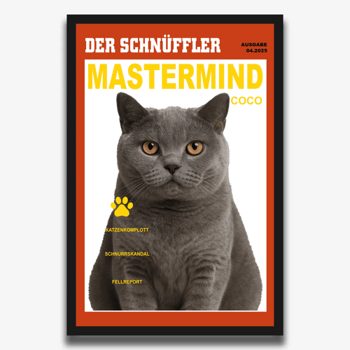 Personalisiertes DER-SCHNÜFFLER-Katzenposter: Britisch-Kurzhaar-Katze „Coco“ auf dem Detektiv-Cover, im schwarzen Rahmen