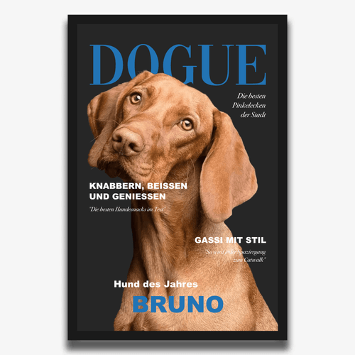Personalisiertes DOGUE-Hundeposter: Magyar Vizsla „Bruno“ als Titelstar, im schwarzen Rahmen