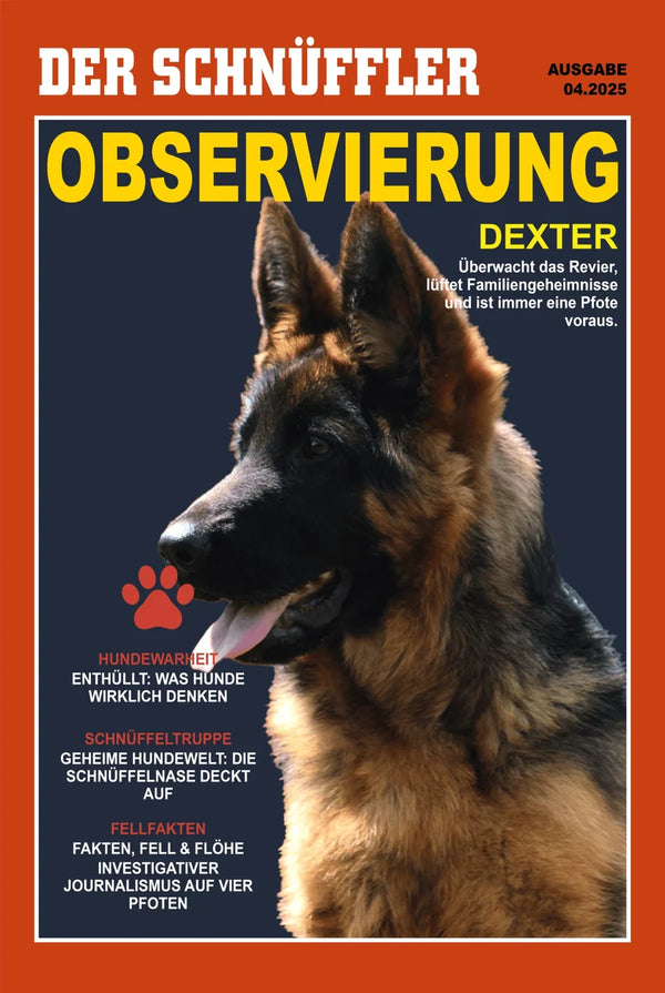 DER SCHNÜFFLER – Hundeposter im Detektiv-Magazin-Look